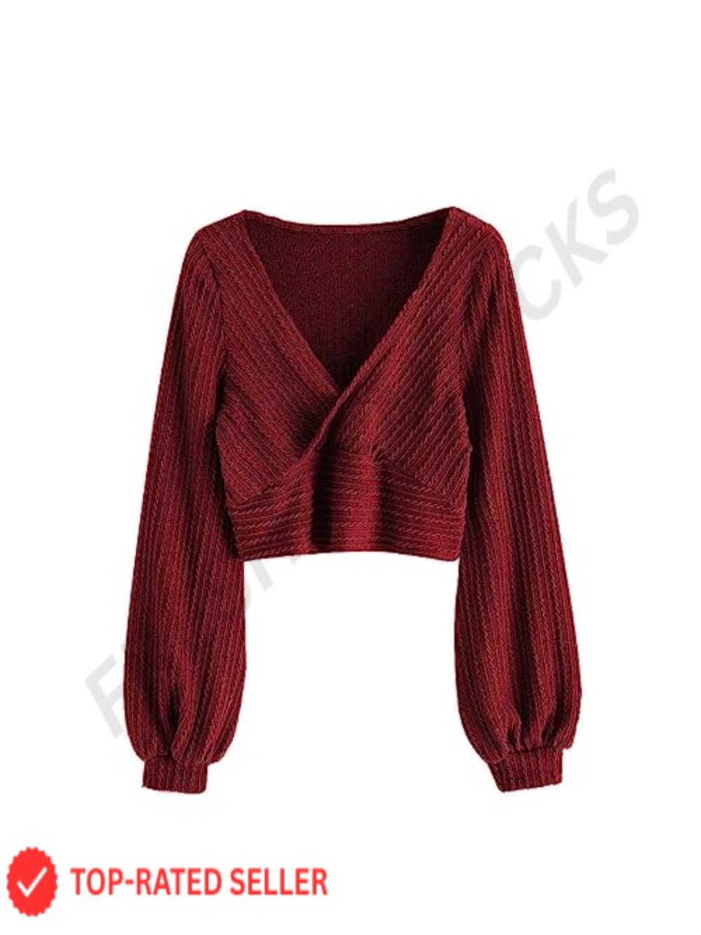 Ribbed Cropped Knit Pullover V-Neck Lantern Sleeve Top